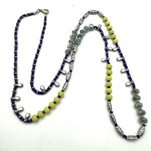 Premier Designs Necklace  It’s Electric Yellow Purple Bead Silvertone 36" Boho